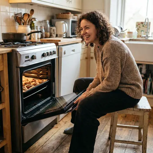 Chubby Person Sitting by Oven with Joyful Expression