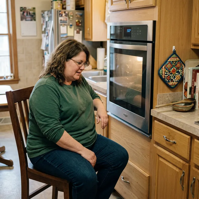 Obese Person with Brown Hair Sitting by the Stove