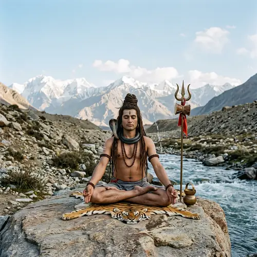 Tranquil Depiction of Lord Shiva Meditating in Himalayas