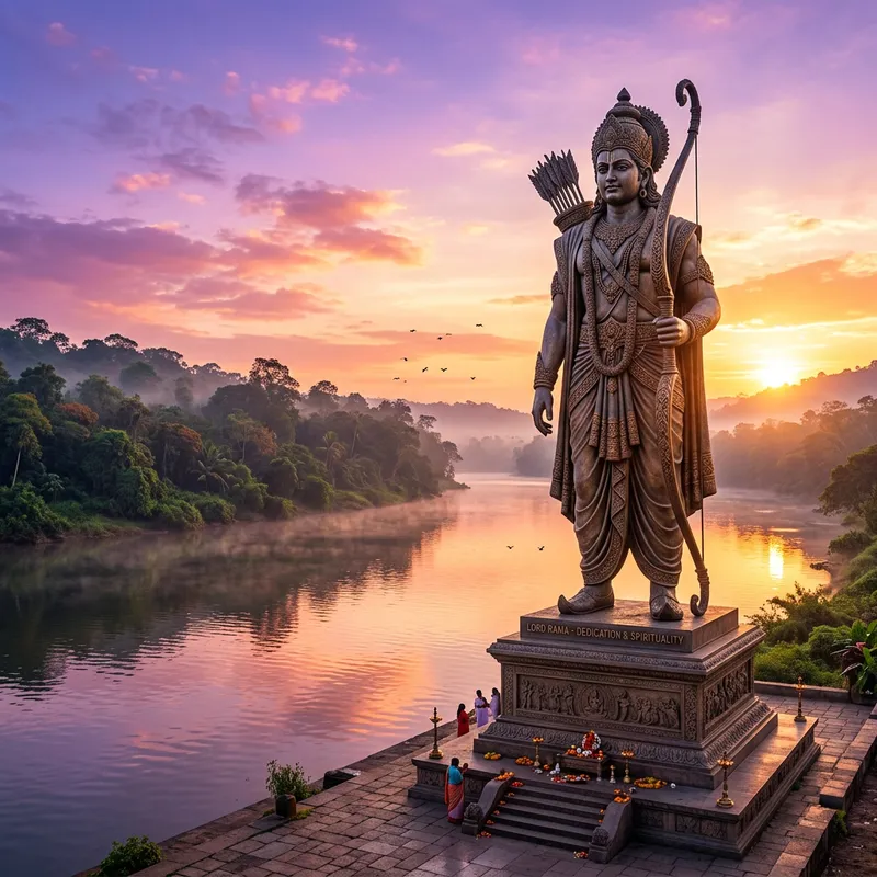 Towering Statue of Dedication by River | Ethereal Sunrise Scene