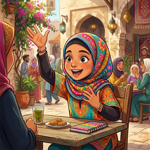 Young Middle-Eastern Girl Wearing Colorful Hijab in Conversation