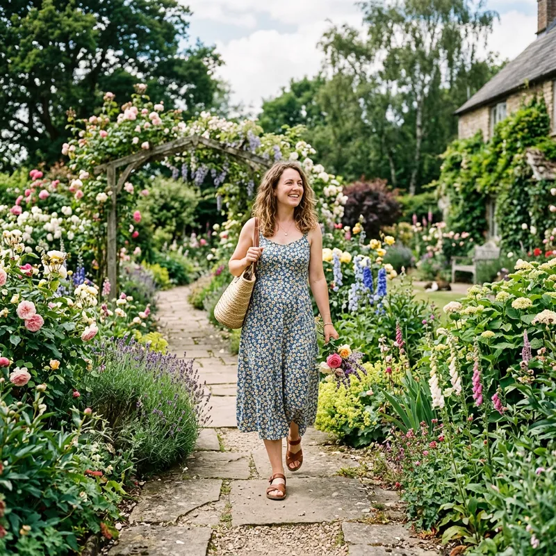 Woman Walking Through a Beautiful Garden