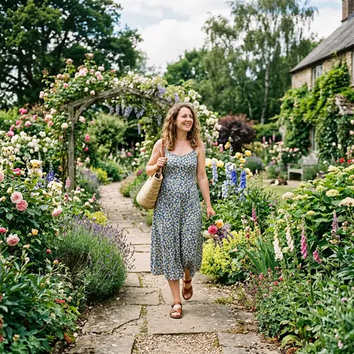 Woman Walking Through a Beautiful Garden