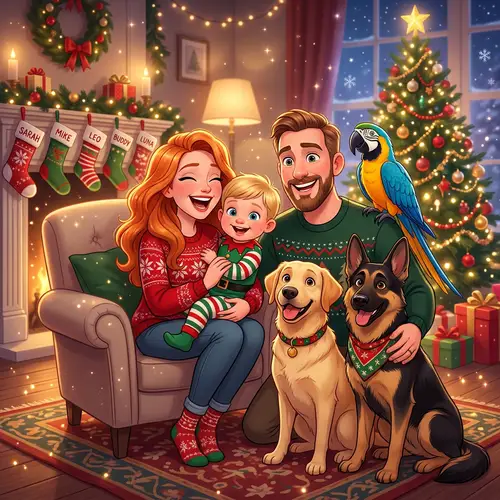 Christmas Themed Family Portrait Illustration with Vivacious Colors