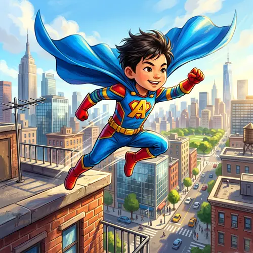 Young Asian Superhero Boy with Vibrant Costume | Cityscape Background
