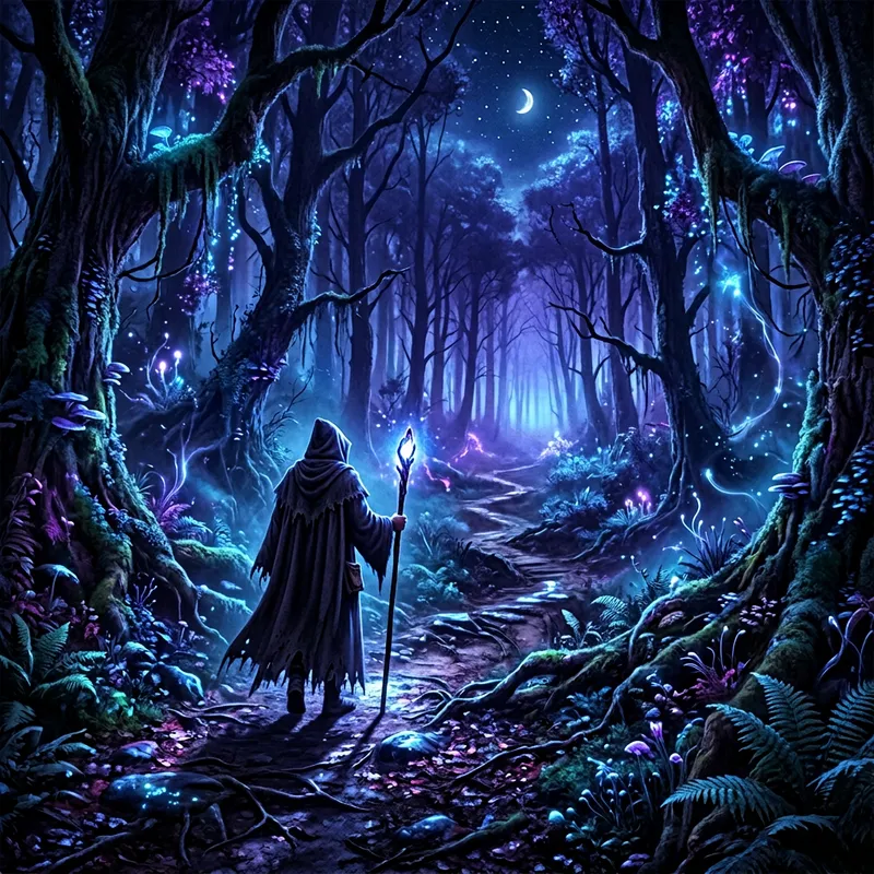 Mysterious Figure in Dark Forest - Enchanted Fantasy Scene