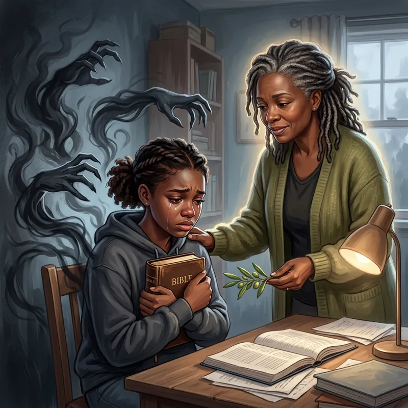 Empowering Illustration of a Distressed African Descent Teenager with Symbolic Shadows