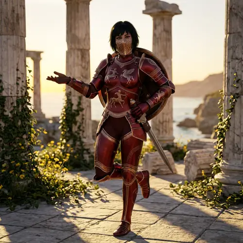 Female Warrior in Crimson Armor - Elegant Greek Mythology Design