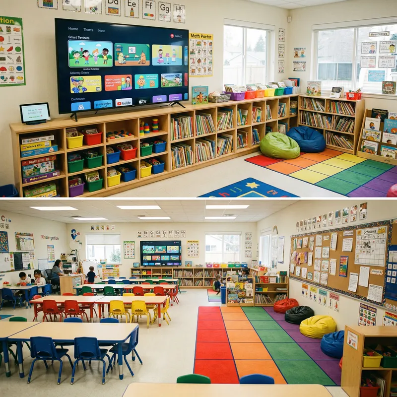 Vibrant Kindergarten Classroom with Smart TV, Reading Corner, and Student Areas