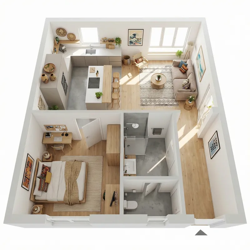 Contemporary Apartment 3D Layout with Cultural Accents