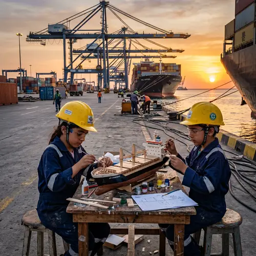 Middle-Eastern Twin Siblings Building Model Cargo Ship at Port of Dar as Salaam