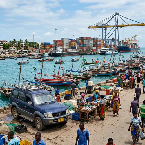 Tanzanian Harbor Scene with Colorful Boats and Trade Activity