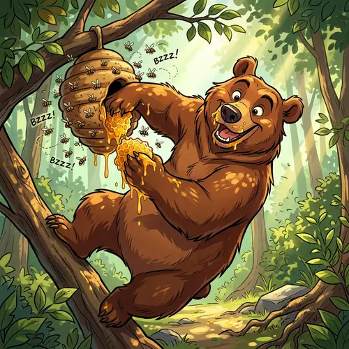 Mischievous Brown Bear Stealing Honey | Vibrant Cell Shading Artwork