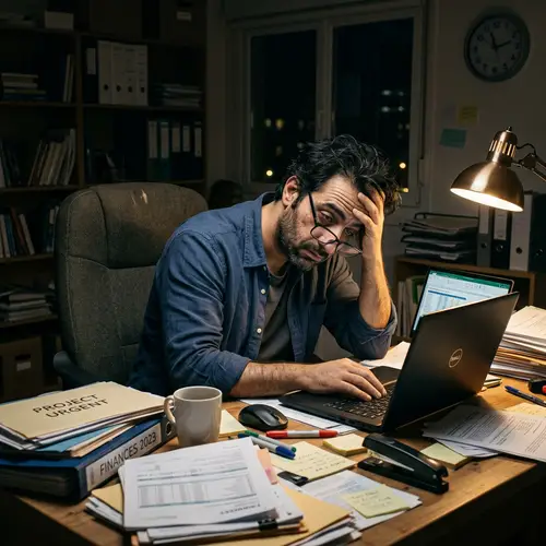 Overworked Middle-Eastern Man at Traditional Office Desk