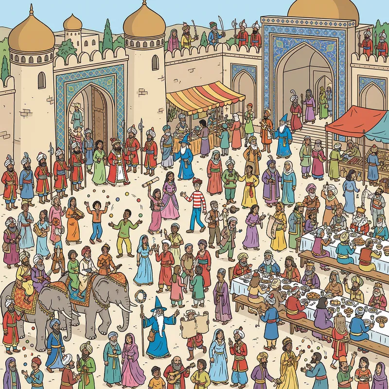Find Waldo in a Colorful Persian Castle Scene Find Waldo in a Colorful Persian Castle Scene