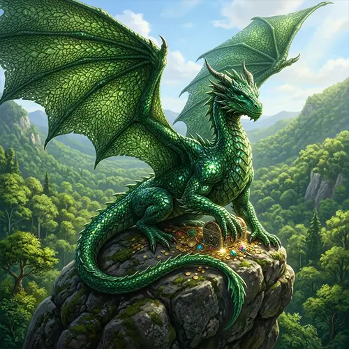 Emerald Green Dragon - Mystical Creature in Vibrant Landscape