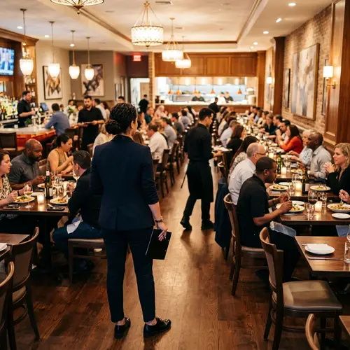 Hispanic Female Restaurant Manager Overseeing Busy Hall