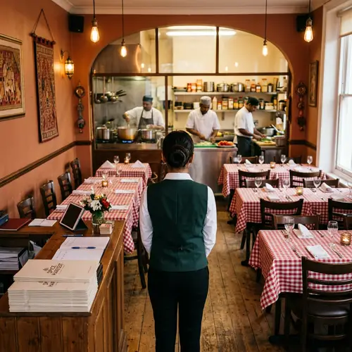 South Asian Restaurant Manager Surveying Layout