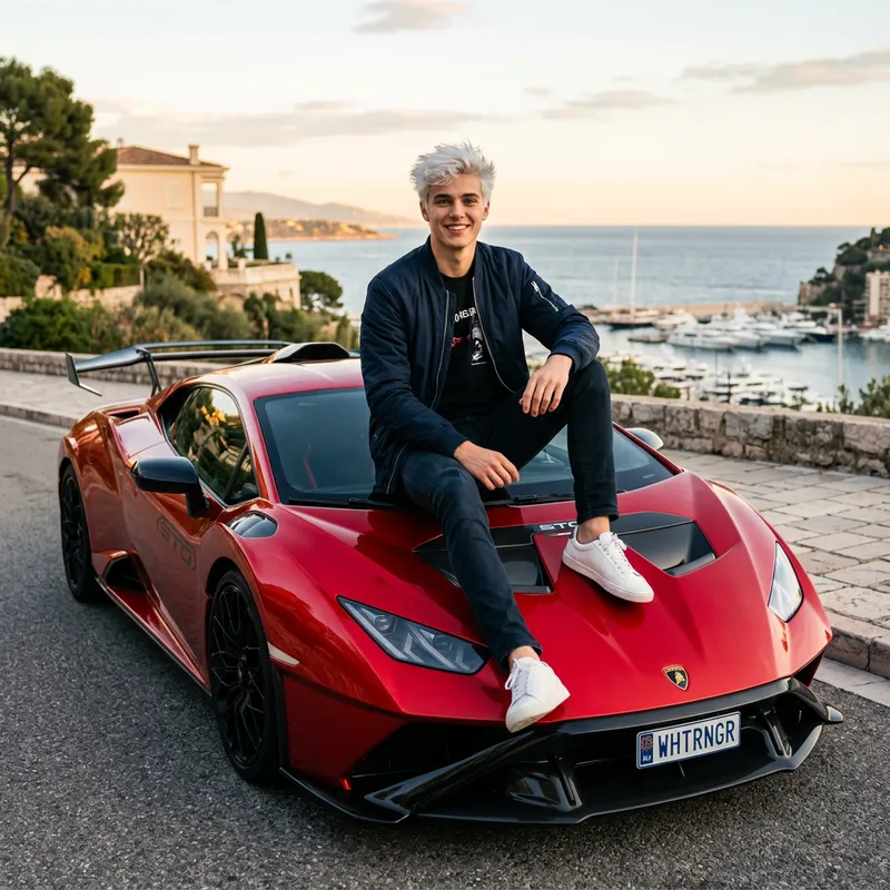 Young Man with White Hair on Luxurious Lamborghini