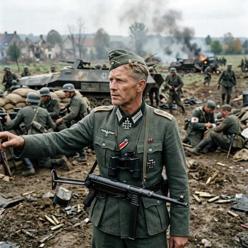 German Lieutenant on WWII Battlefield Scene German Lieutenant on WWII Battlefield Scene