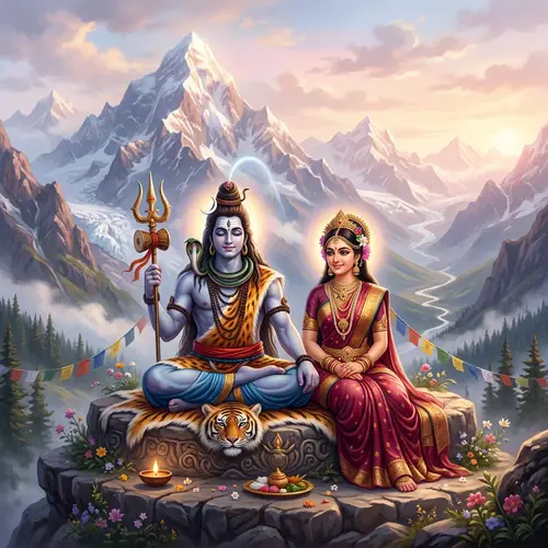 Artistic Representation of Hindu Deities Shiva and Parvathi in Himalaya