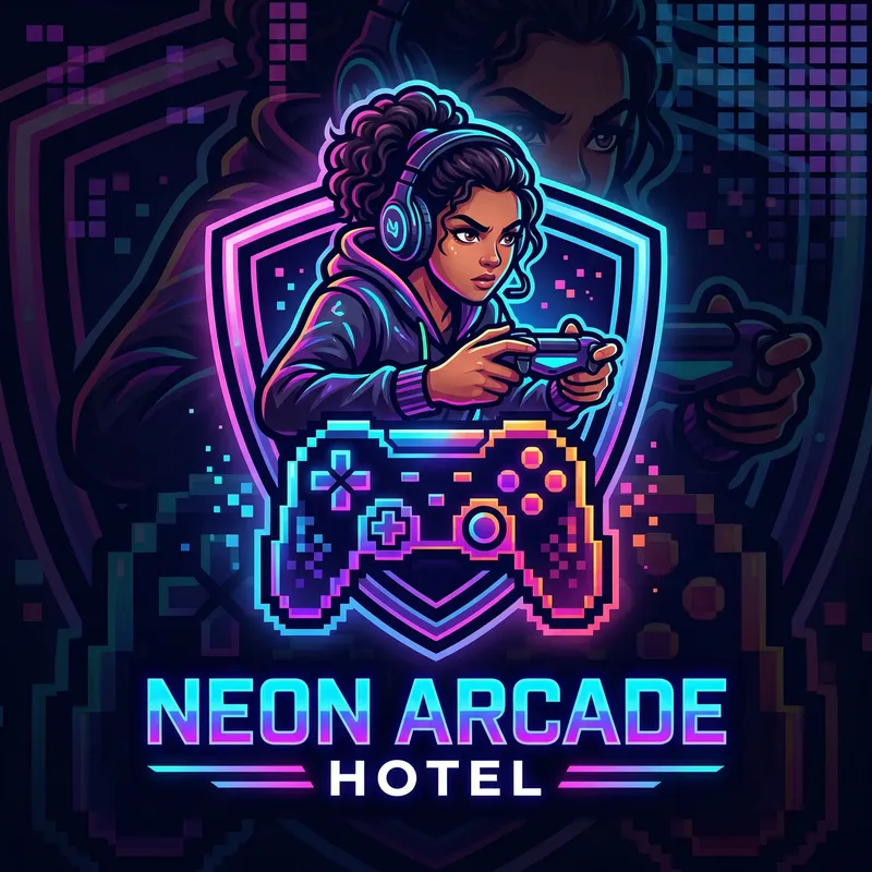 Sleek Logo Design for Gaming Hotel | Pixelated Neon Style