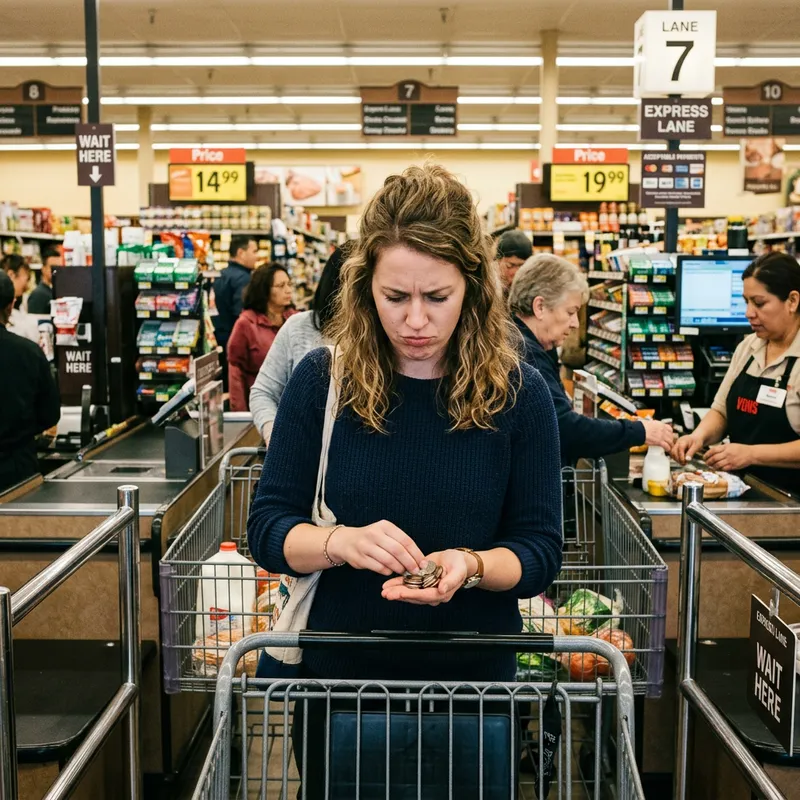 Woman Counting Coins at Grocery Store Checkout Woman Counting Coins at Grocery Store Checkout