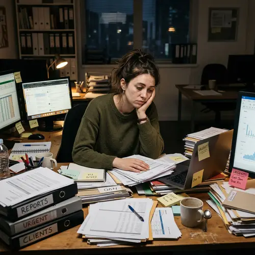 Tired Woman Struggling at Work Desk