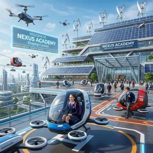 Futuristic School with Drone Pods & Solar Power