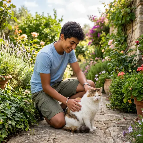 Young Boy Tenderly Petting Fluffy Cat Outdoors