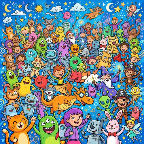 Cartoon Characters on Blue Background