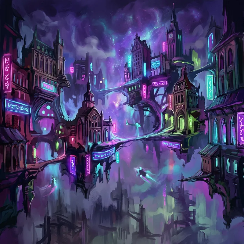 Surreal Cyberpunk Cityscape: Vibrant Neon Lights & Floating Buildings