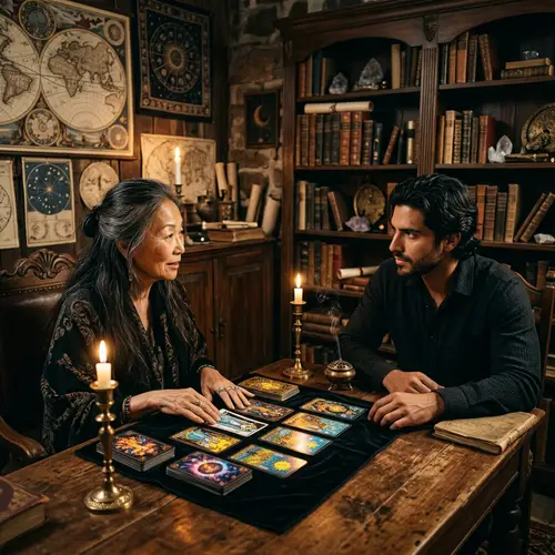 Antique Tarot Card Reading in Dimly Lit Room