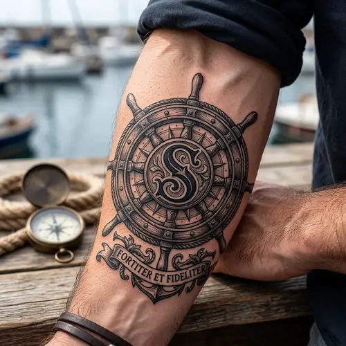 Ship Steering Wheel Tattoo Design with Letter S
