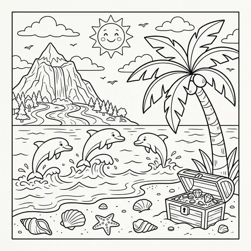 Children's Coloring Page: Island Setting with Dolphins and Treasure Chest