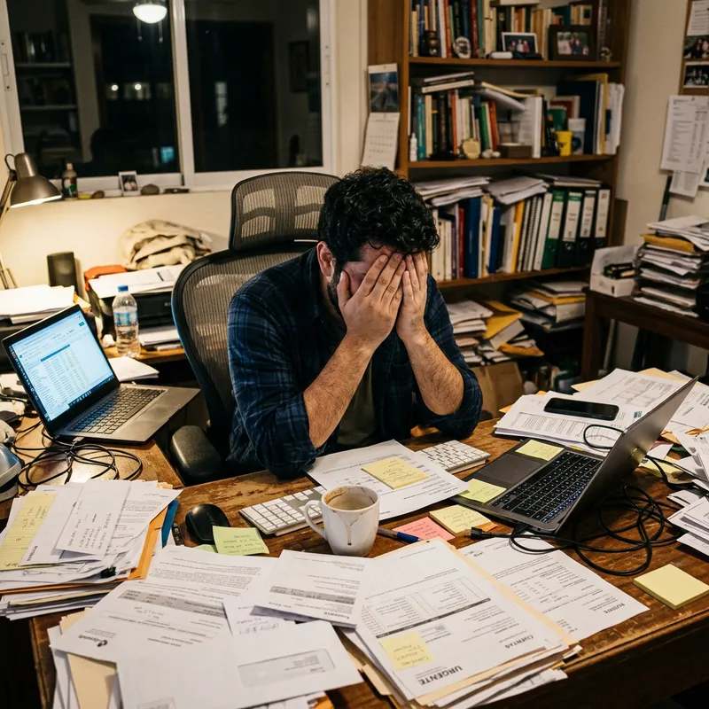 Stressed Hispanic Man Overwhelmed at Messy Desk Stressed Hispanic Man Overwhelmed at Messy Desk