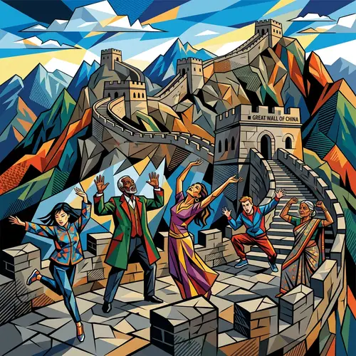 Cubist Great Wall of China Illustration with Diverse Dramatic Figures