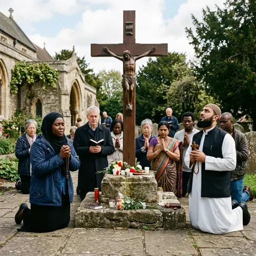 Diverse Devoted Individuals around Crucifix