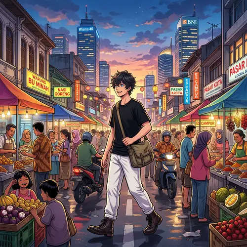 Anime-Style Character Exploring Vibrant City of Jakarta