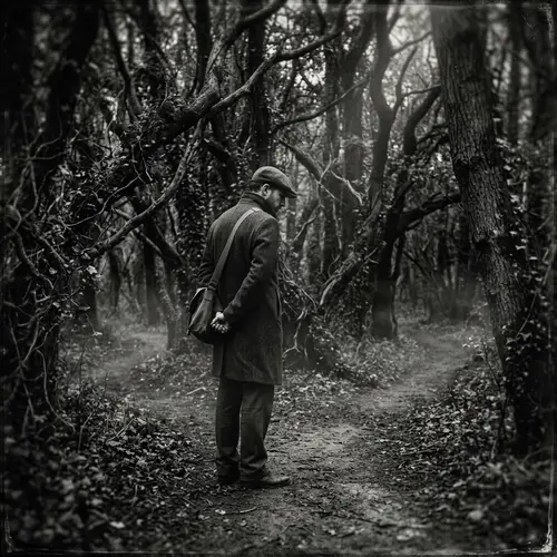 Mysterious Man at Crossroads: Enigmatic Choices in Chiaroscuro Forest