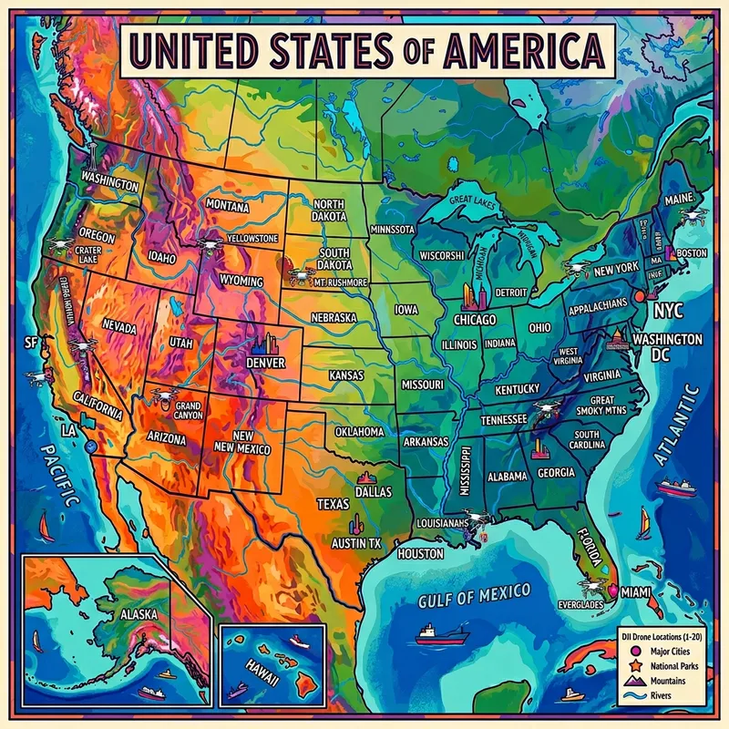 Vibrant Aerial Map of the USA with DJI Locations
