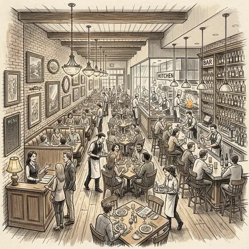 Detailed Sketch of Bustling Restaurant Interior | Best Restaurant Layout