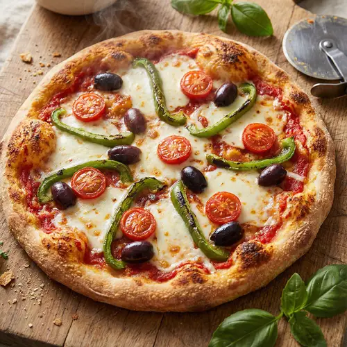 Delicious Pizza Loaded with Mozzarella, Tomatoes, Olives, and Bell Peppers
