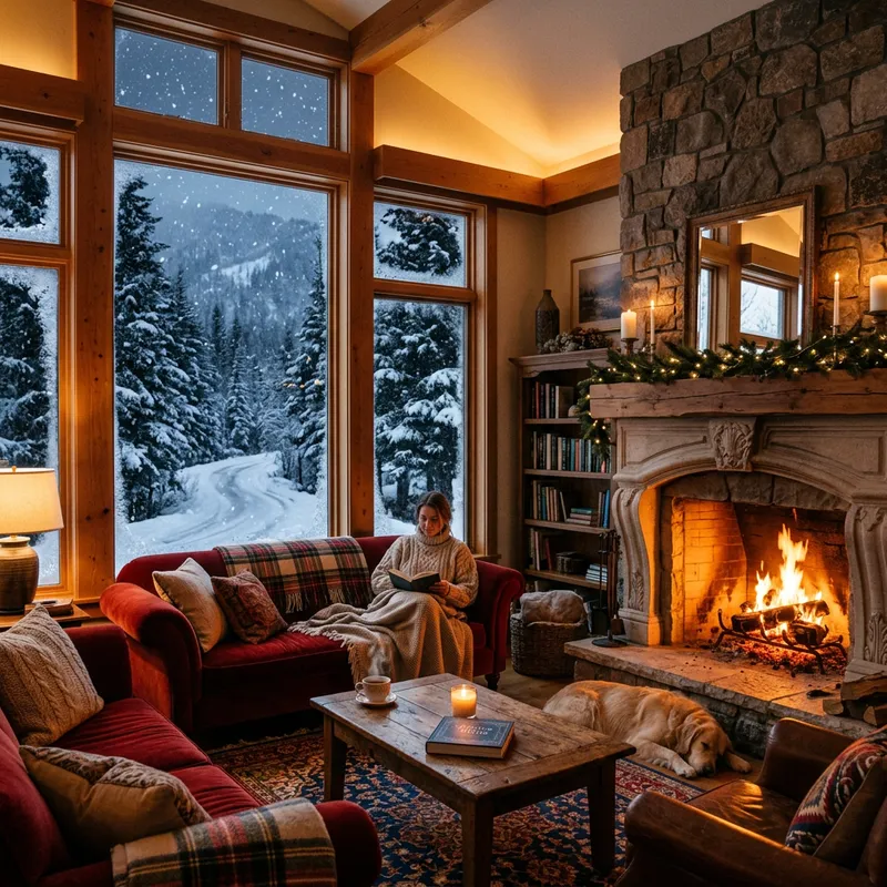 Cozy Winter Room with Large Windows, Warm Interior, and Snowy Ambiance
