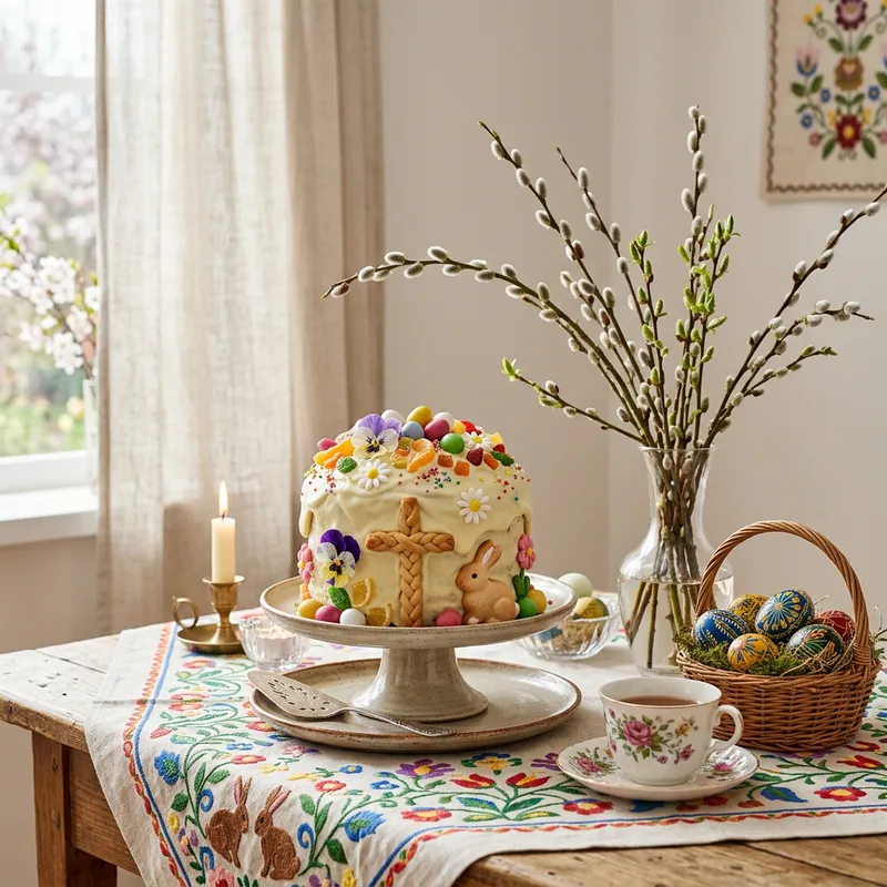Easter Cake Celebration on Vibrant Tablecloth