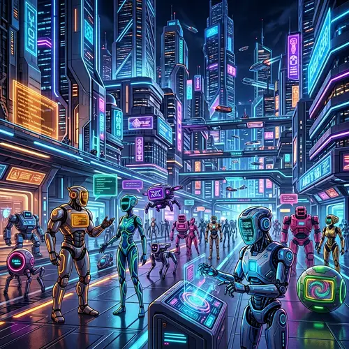 Futuristic AI City of Diverse Robotic Entities
