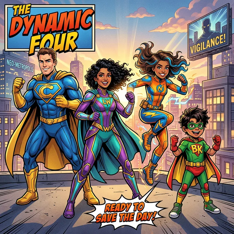Superhero Family of Four - Colorful Comic Book Artwork