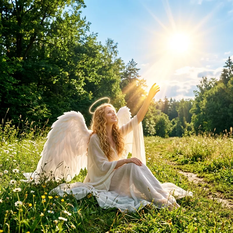 Angel in Green Forest Reaching Out to Sun
