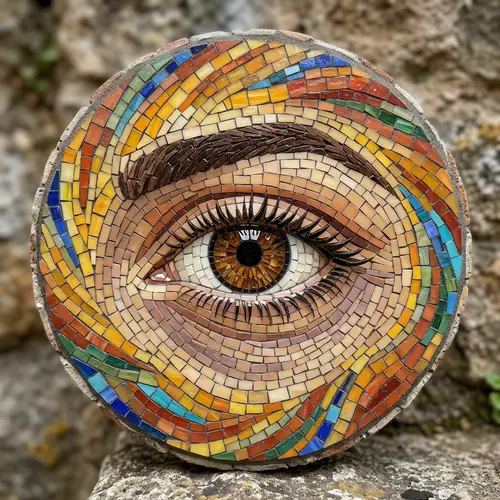 Realistic Eye Mosaic Art: Detailed Design with Warm and Cool Colors