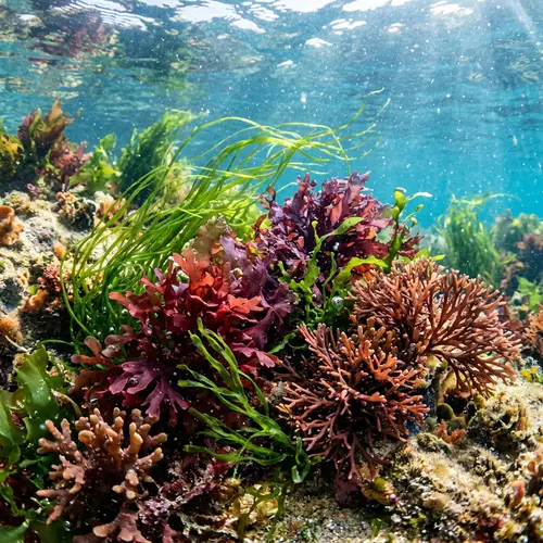 Diverse Algae: Vibrant Aquatic Plants in Green, Red, Purple